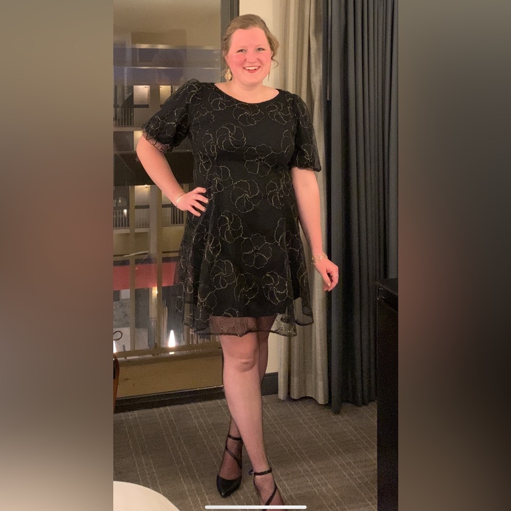 DKNY Black and Gold Embroidered Floral Mini Dress